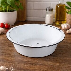 Vintage White Enamel Wash Basin Bowl Black Rim Rustic Farmhouse